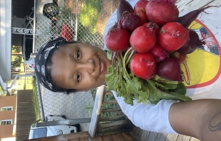 Photo of a farmer holding a bundle of beets.