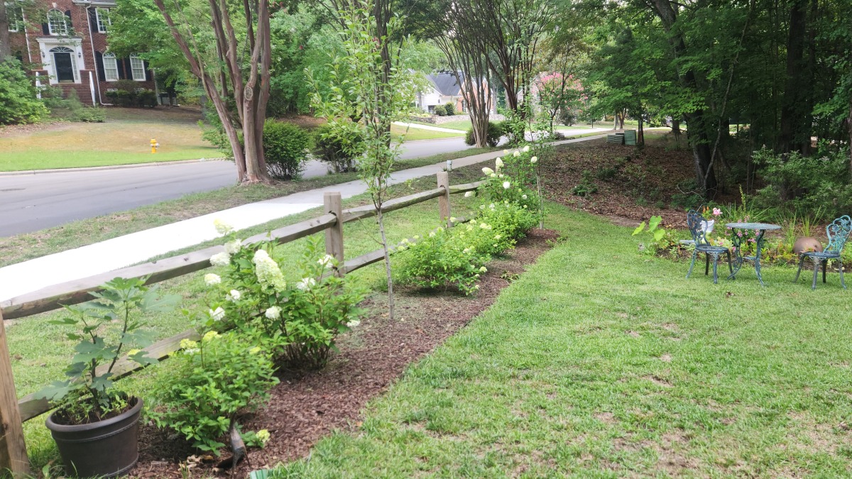 Front of the house split post fence and flower patch