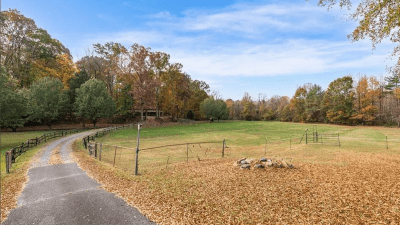 View of the land from near the house. 2.25 acres is 2 the right of this private road. Woods in the background separate field from Silas Creek.