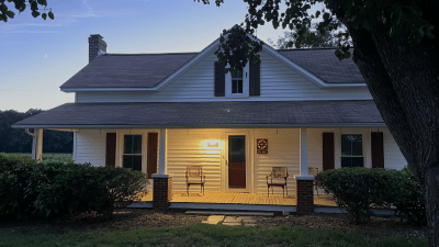 White farmhouse with red trim at dusk with yellow porch light showing a barn quilt on the wall and a couple red chairs