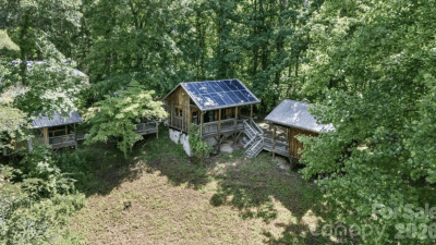 Three small cabins surrounded by woods. 