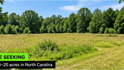Land We Are Seeking A visual showing approximately 10–20 acres of open, usable farmland with a mixture of cleared acreage and wooded surroundings.