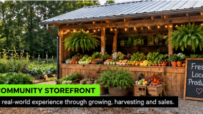 Farm-to-Community Storefront A conceptual farm stand where residents can gain practical business experience while selling locally grown produce.