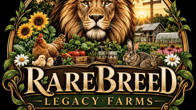 RareBreed Legacy Farms logo featuring a lion, garden crops, and farm animals.