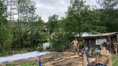 Side-profile photo of 780 square foot garden on June 5th with onions from May 2024, brassicas and eggplant from April 2025, no-till beds bordered by ~3-8-inch wood logs, 24-inch wide pathways, Conlan Andrew Lamb, and Brent Hemmer-Skidmore. 