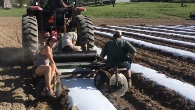 Laying row plastic for spring into summer crops.