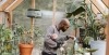 Man tending to greenhouse plants while holding a newborn baby.